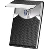 A sleek black business card holder with a silver metal flap and a textured black leather exterior.
