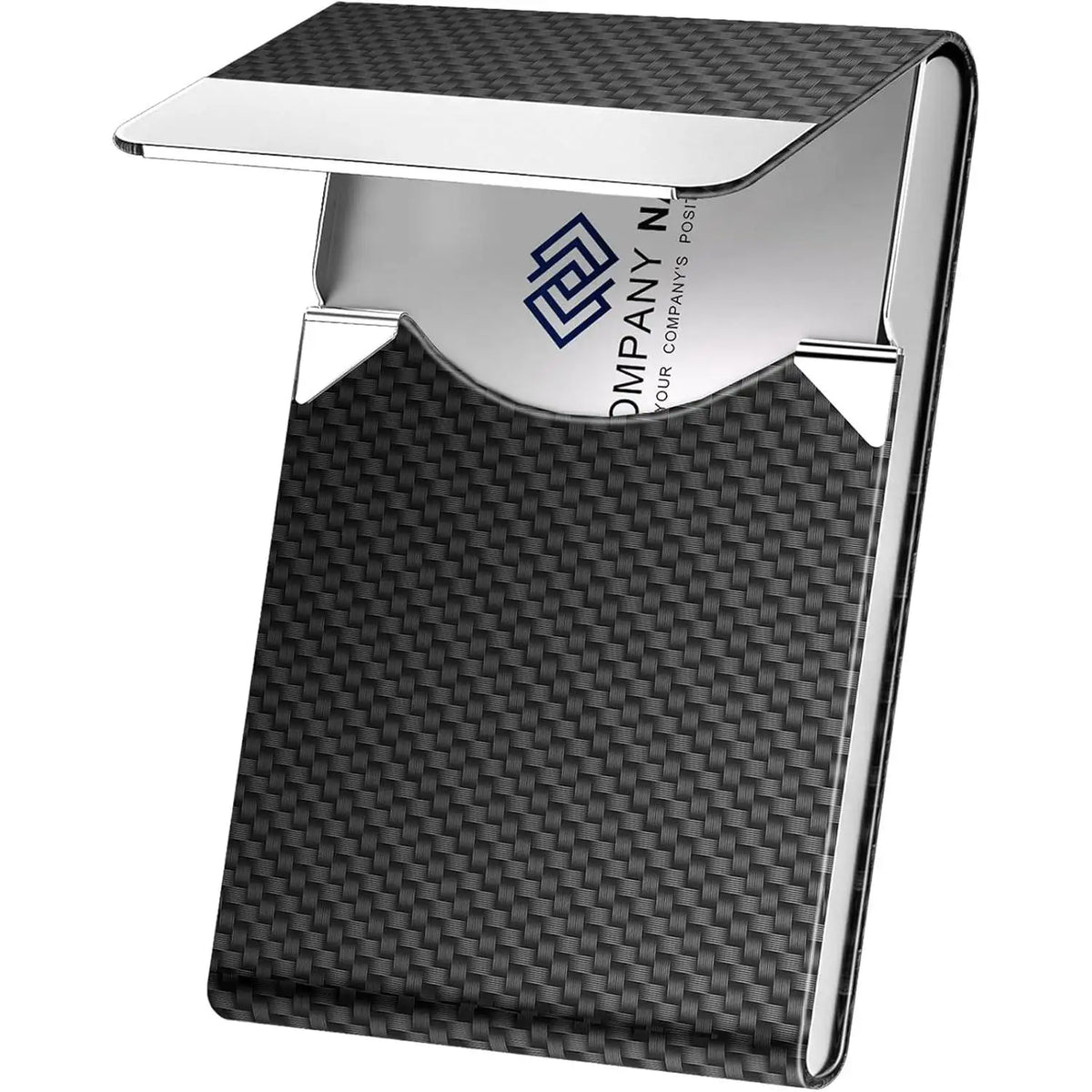 A sleek black business card holder with a silver metal flap and a textured black leather exterior.