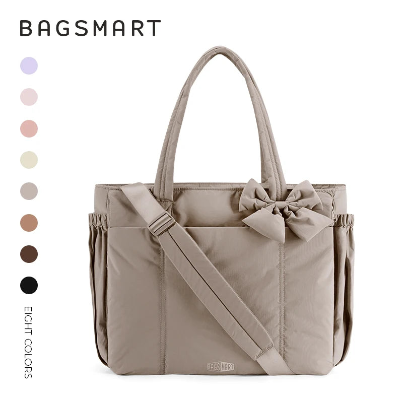 A beige Bagsmart tote bag with multiple compartments and a bow detail.