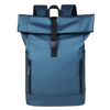 A dark blue waterproof business laptop backpack with multiple compartments and black straps.