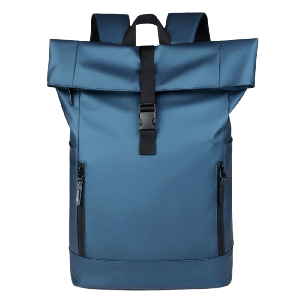 A dark blue waterproof business laptop backpack with multiple compartments and black straps.