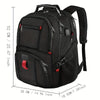 A black durable travel backpack designed for laptops, shown with dimensions.