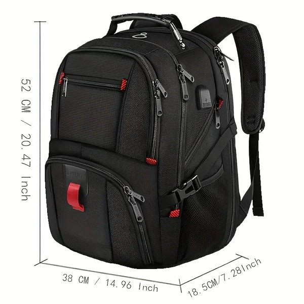 Schwarzer, strapazierfähiger Rucksack für Laptops, mit Abmessungen dargestellt.