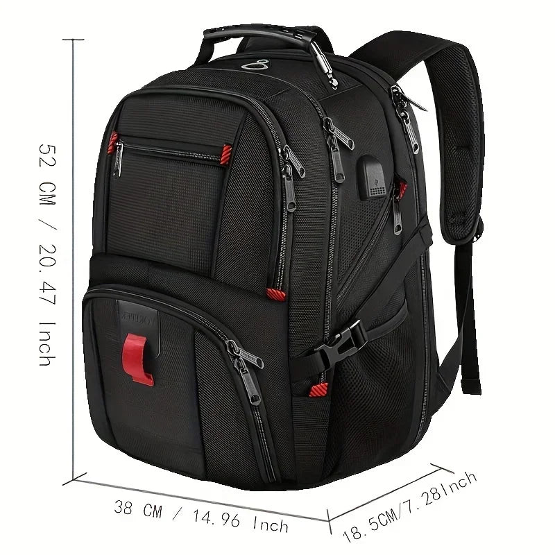 A black durable travel backpack designed for laptops, shown with dimensions.