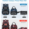 Three-piece set of fashion campus backpacks including a blue graffiti backpack, a black meal package, and a red graffiti pen 