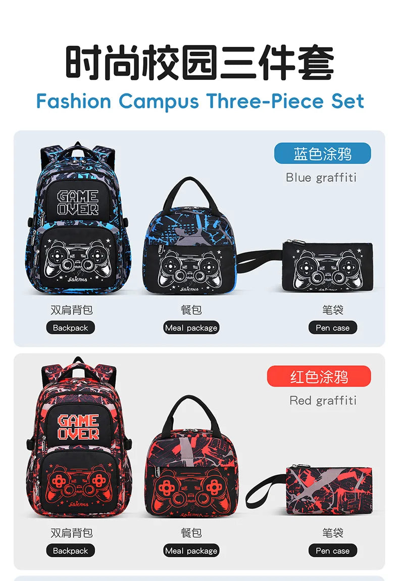 Three-piece set of fashion campus backpacks including a blue graffiti backpack, a black meal package, and a red graffiti pen 