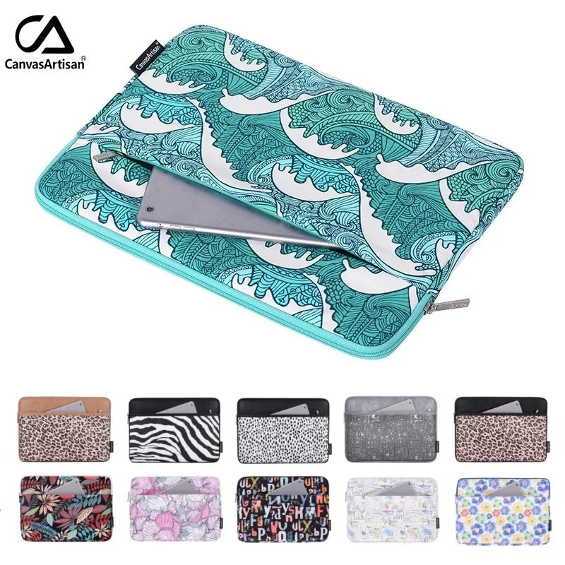 A collection of various patterned laptop sleeves and covers for different devices.