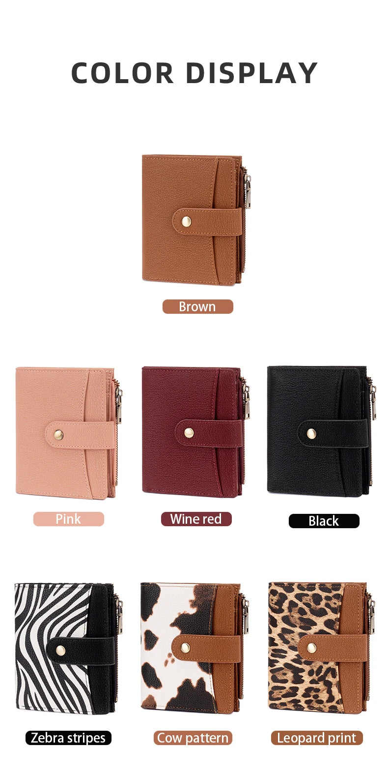 A display of a compact wallet in various colors including brown, pink, wine red, black, zebra stripes, cow pattern, and leopa