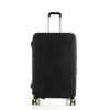 Black stretch fabric luggage protector cover with silver handle and wheels