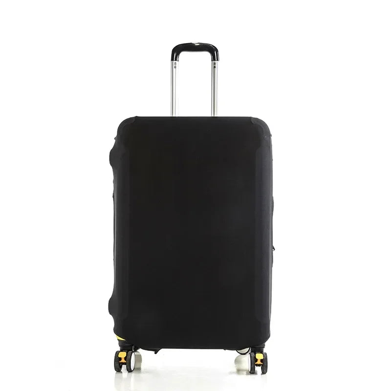Black stretch fabric luggage protector cover with silver handle and wheels