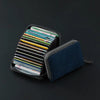 A dark blue compact card wallet with a zippered cover is shown, filled with multiple cards.