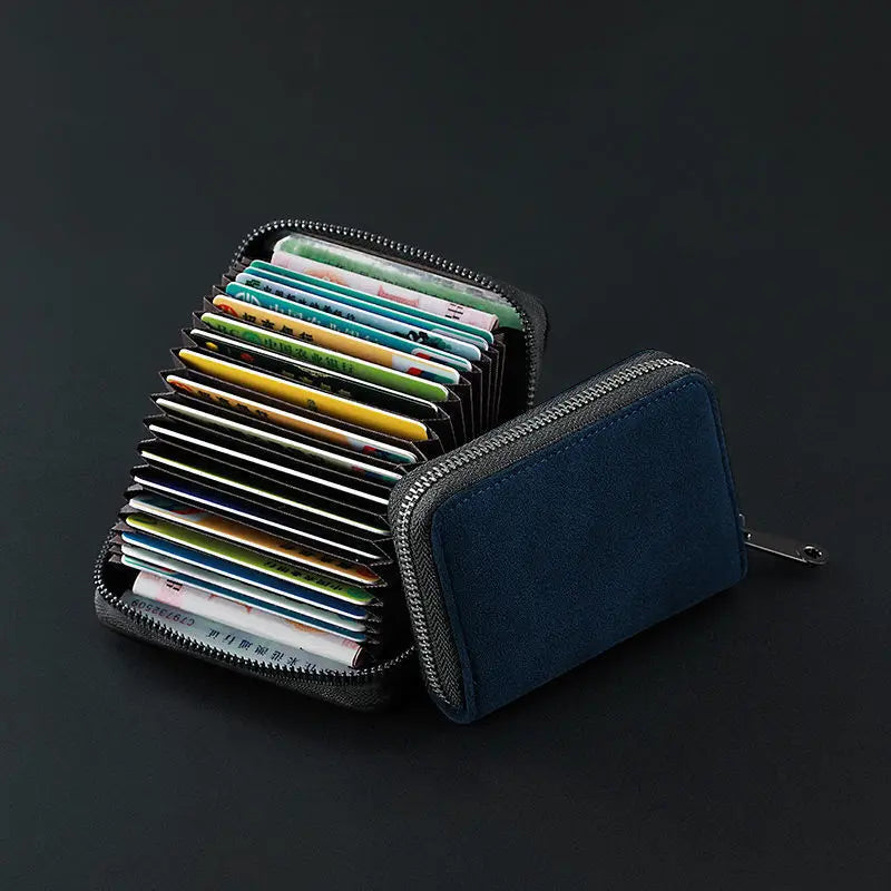 A dark blue compact card wallet with a zippered cover is shown, filled with multiple cards.