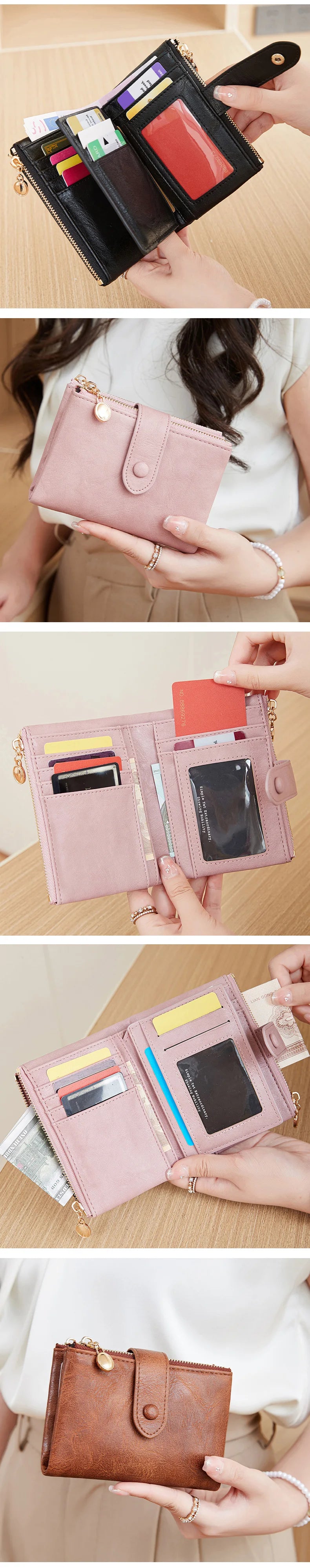 A close-up of a pink leather foldable wallet with a zipper and card slots being held by a woman.