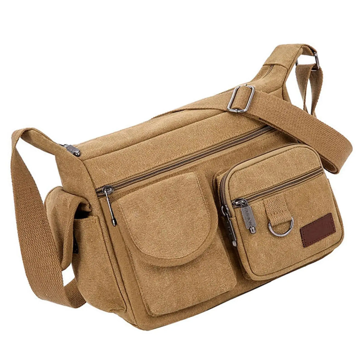 A tan canvas tool bag featuring multiple zippered and flap pockets for storage.