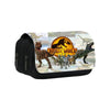A black pencil case featuring a Jurassic World dinosaur theme with various prehistoric creatures.