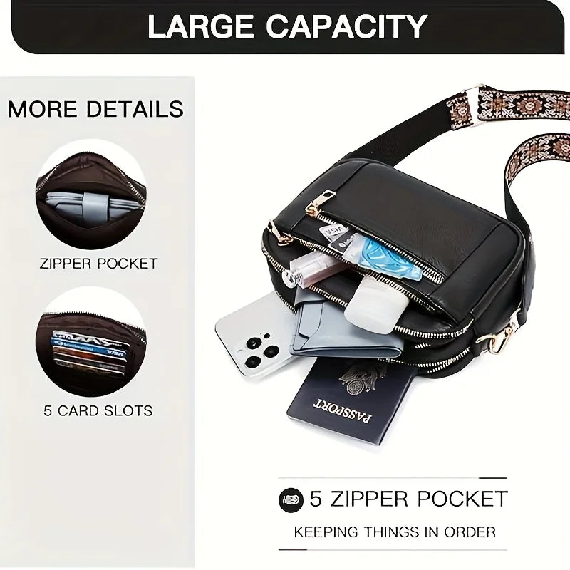 Black PU leather crossbody bag with a strap, featuring a zipper pocket and five card slots.