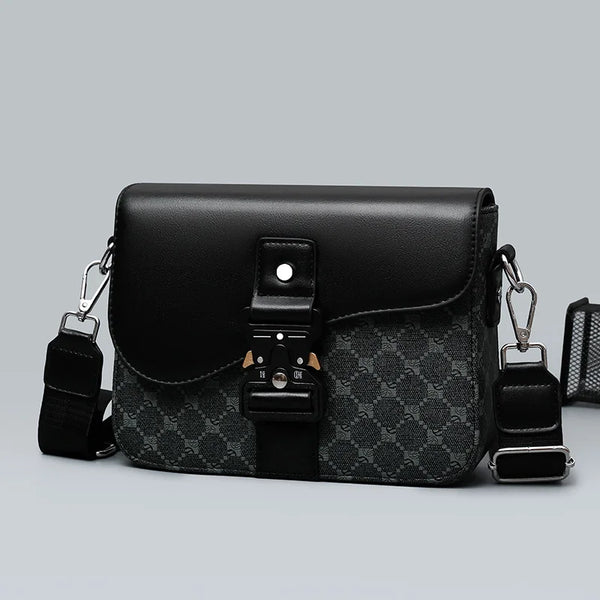 Bolso cruz sling para hombres negro de jacquard con herrajes plateados