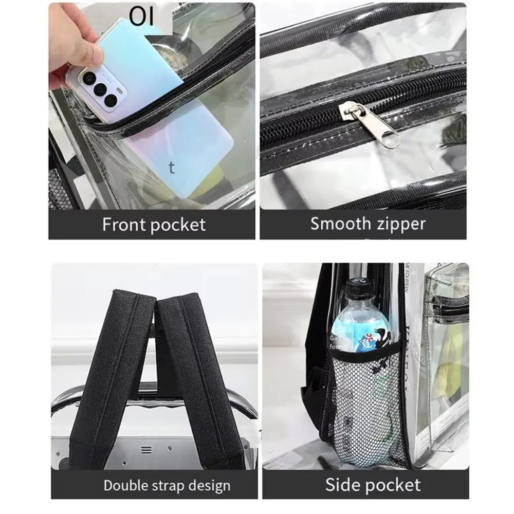Various views of a clear transparent PVC backpack showing front pocket, smooth zipper, double strap design, and side pocket.