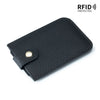 Black genuine leather slim card holder with a stitched texture and a gold-colored clasp.