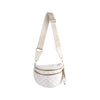 A beige multi-functional waist bag with a checkered pattern and a light pink lining.