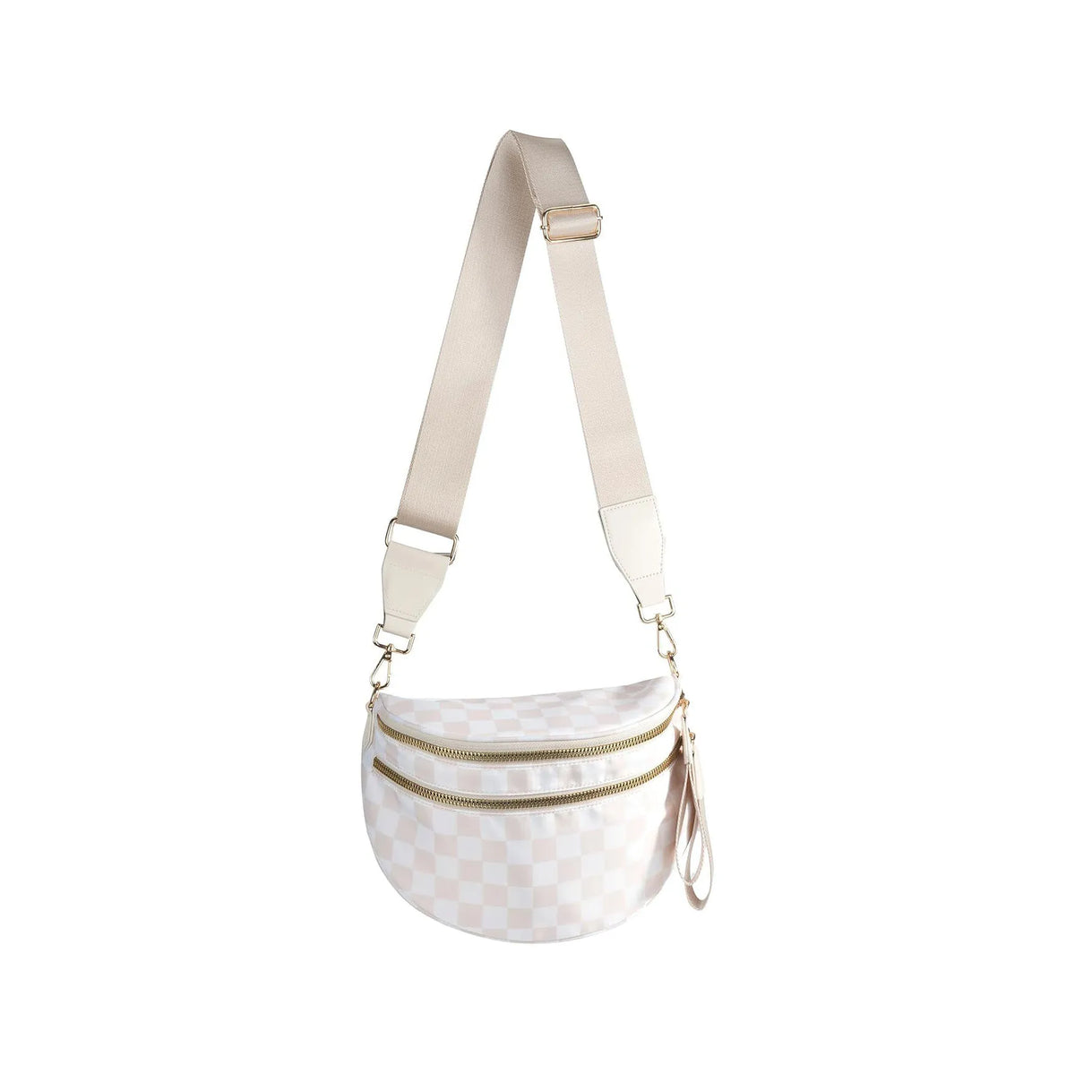 A beige multi-functional waist bag with a checkered pattern and a light pink lining.