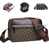 A brown men's PU leather shoulder bag with a wide strap shown in various views.