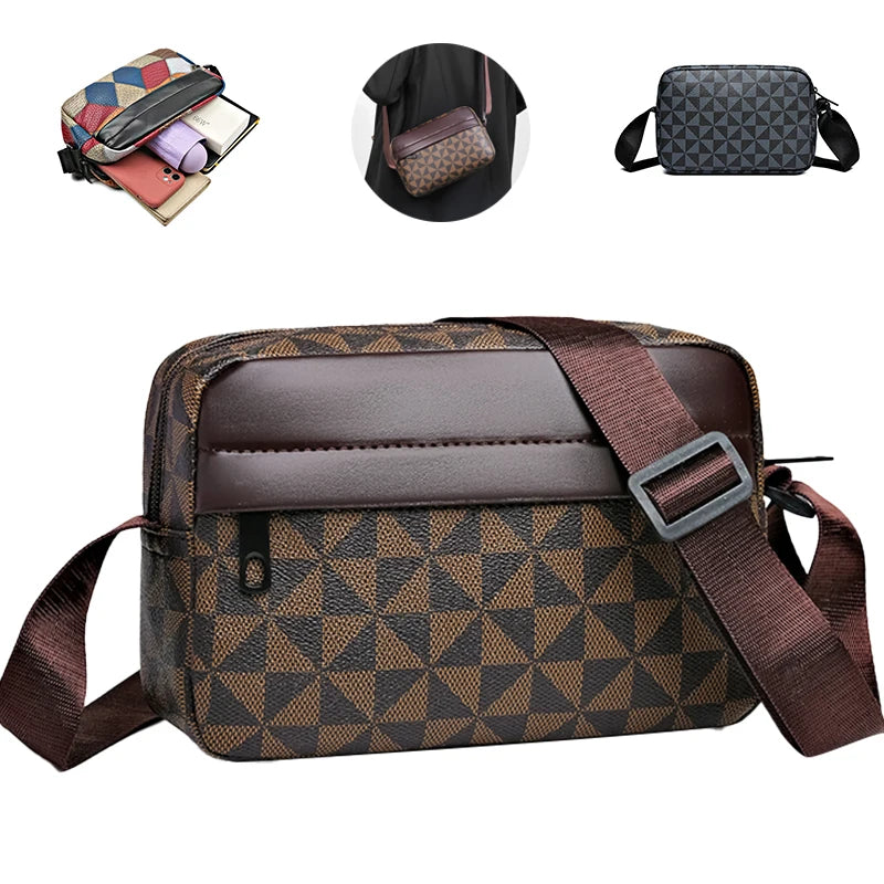 A brown men's PU leather shoulder bag with a wide strap shown in various views.
