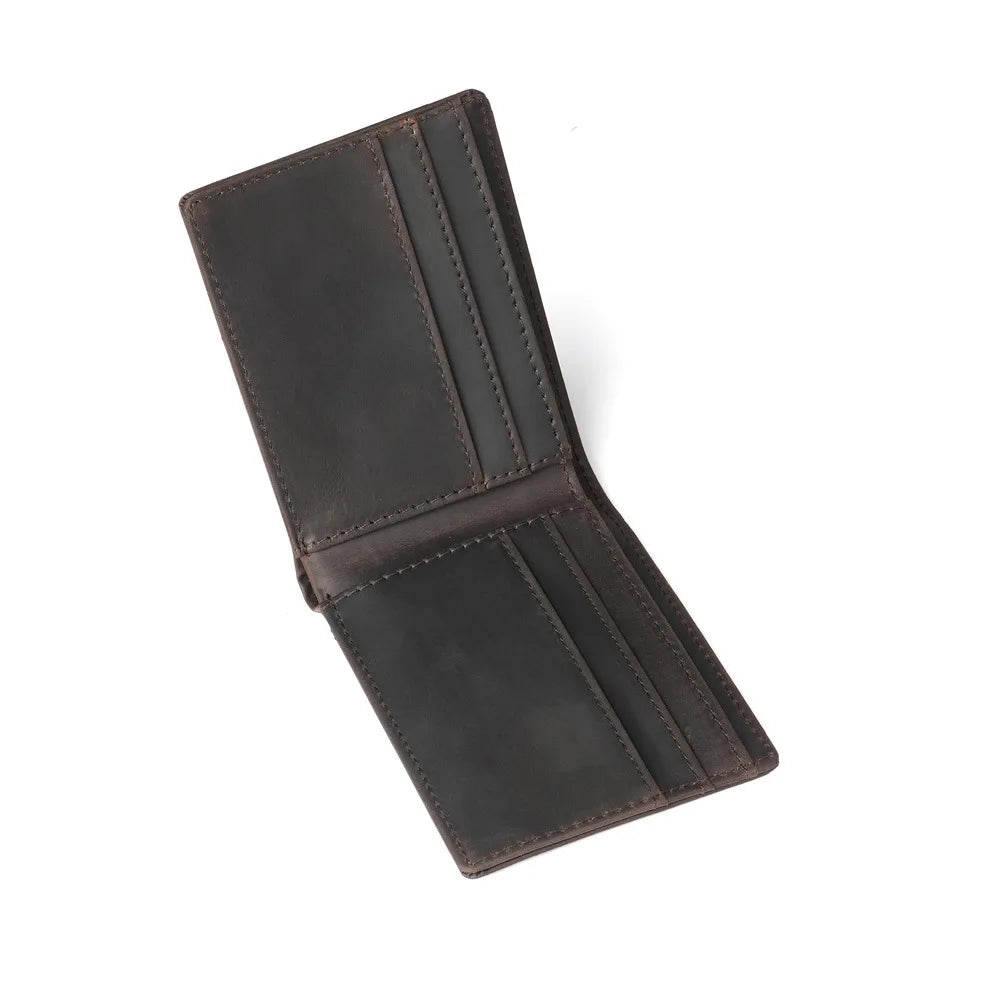 A dark brown men's bifold retro cowhide leather wallet shown from the side.