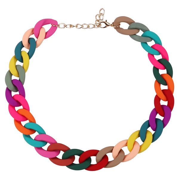 A colorful acrylic statement choker necklace featuring interlocking links in shades of pink, green, blue, and brown.