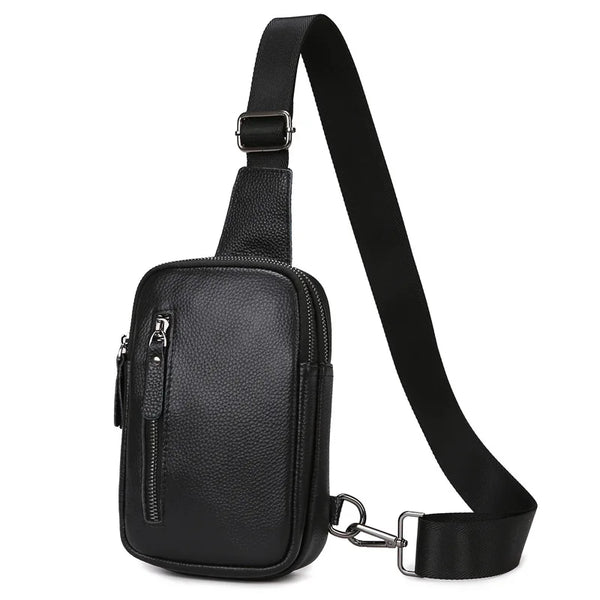 Bolso de pecho negro de cuero genuino para hombre con correa y detalle de cremallera