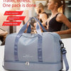 A light blue nylon travel duffle bag is shown with a woman in the background, emphasizing its portability for fitness and tra