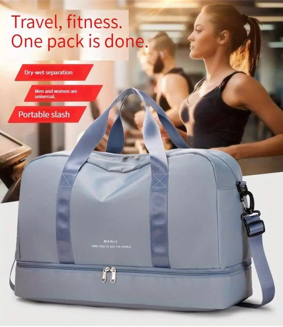 A light blue nylon travel duffle bag is shown with a woman in the background, emphasizing its portability for fitness and tra