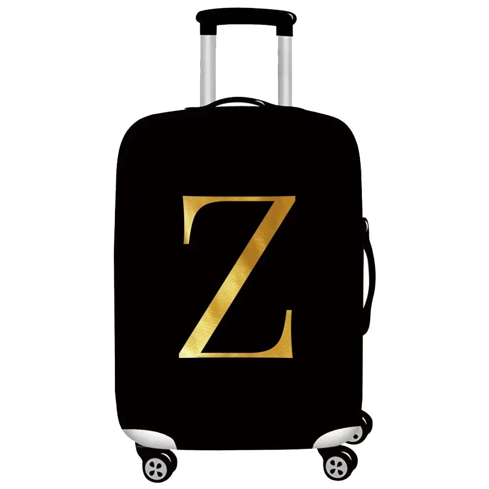 Black rolling suitcase with a gold letter Z printed on it.