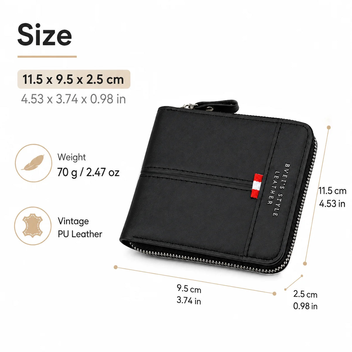 Black leather zippered multi-functional wallet shown with size dimensions and weight details.