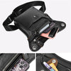 Black multi-purpose PU waist pack bag with a zipper and various cards inside