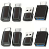 A set of black universal USB to USB-C adapter converters shown in various orientations.