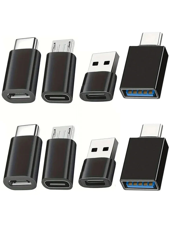A set of black universal USB to USB-C adapter converters shown in various orientations.