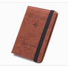 A brown leather passport holder with a black trim and embossed text on the cover.
