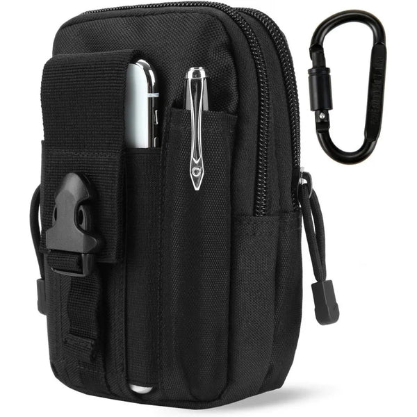 Black tactical EDC utility pouch with a MOLLE strap and compartments for pens or tools