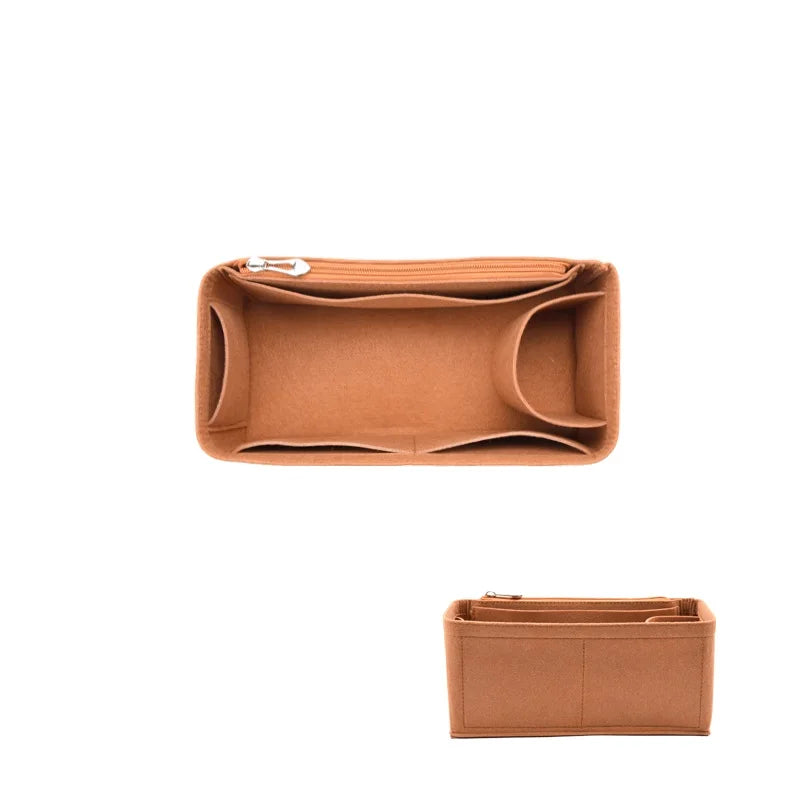 A tan felt cloth bag organizer with a flap closure and internal dividers.