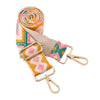 A rolled adjustable nylon crossbody bag strap featuring multicolored geometric patterns.