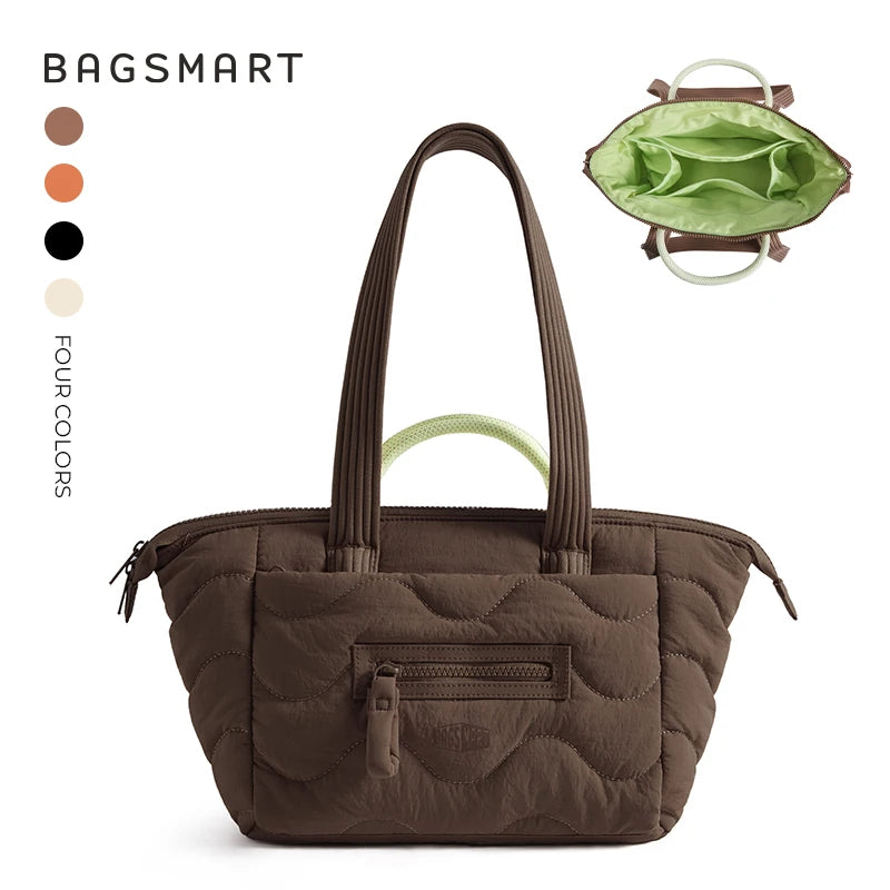 A brown quilted tote bag with a detachable strap is shown next to its green fabric pouch.