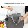 A hand is placing a clear plastic container into a gray canvas tote bag with double pockets.