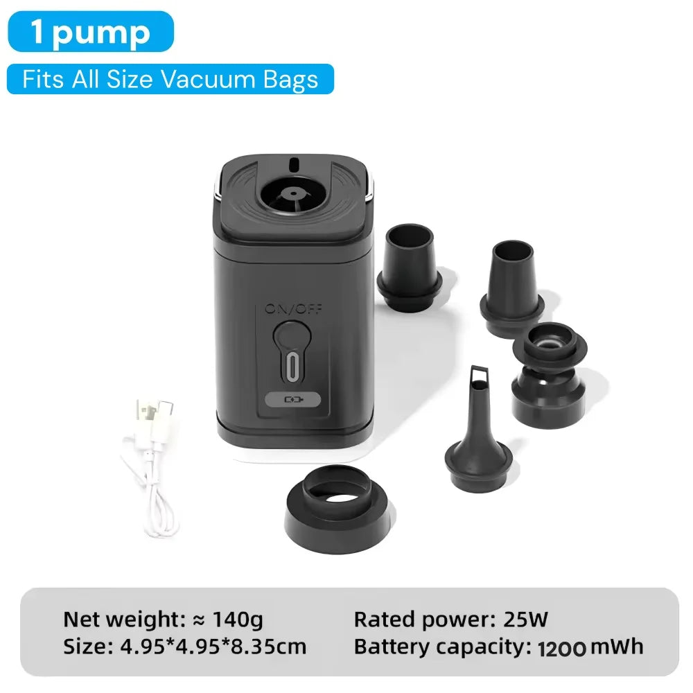 Pompe portable noire, adaptée à tous les sacs de vacuum, avec un poids net de 140g et une capacité de batterie de 1200 mWh.