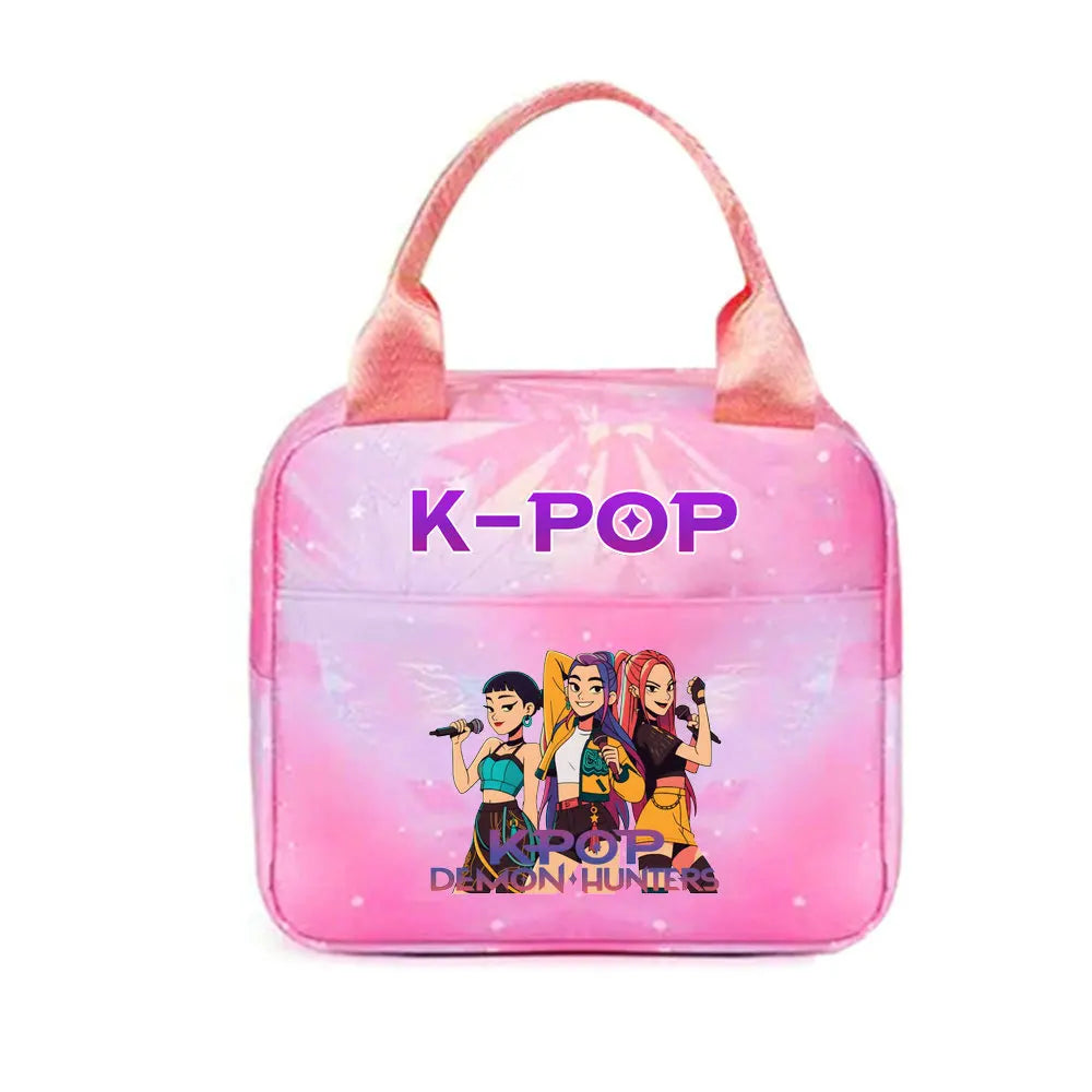 Pink K-Pop themed insulated backpack featuring a graphic of a female singer.