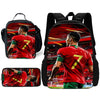 A red soccer jersey graphic printed on a black backpack and a separate pouch.