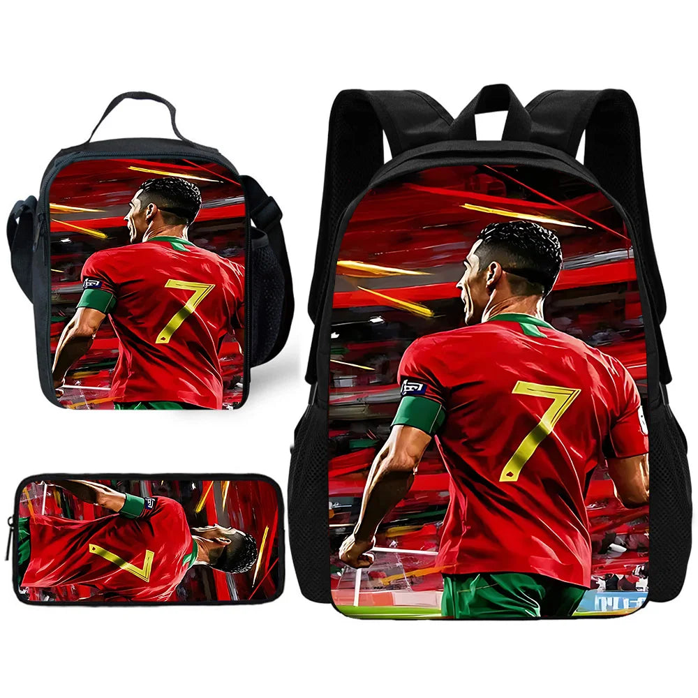 A red soccer jersey graphic printed on a black backpack and a separate pouch.