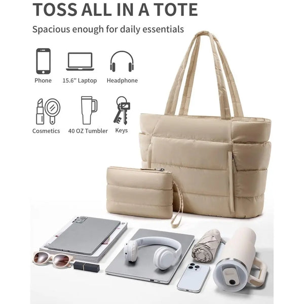 A beige quilted puffer tote bag with pockets and matching pouch shown next to various electronic accessories.