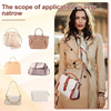 A woman models a beige trench coat with a pink and white bag strap set, showcasing various mini bags.