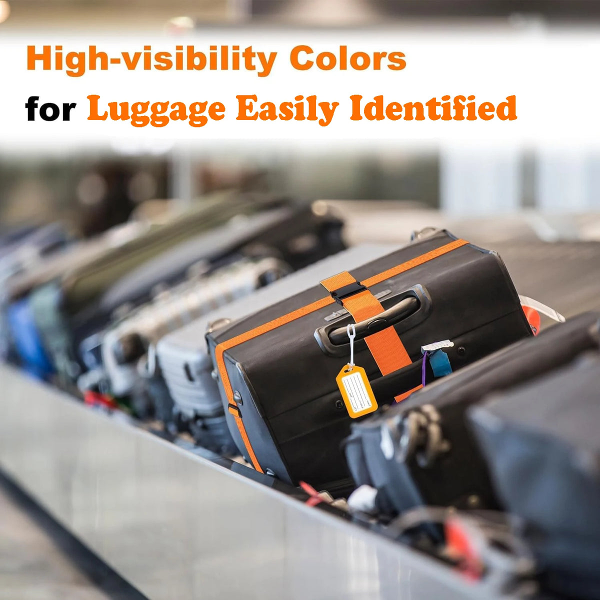 Close-up of luggage identification straps with high-visibility colors on various suitcases.